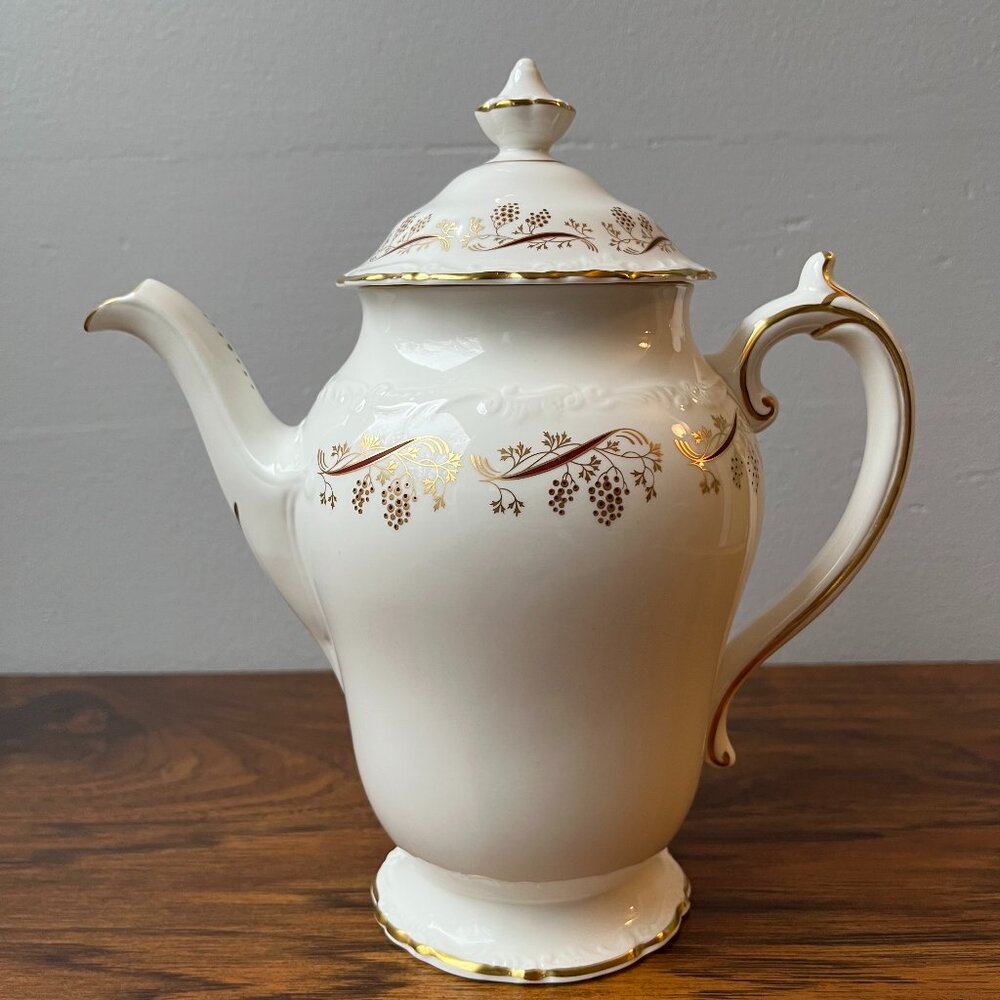 Vintage Coalport Bone China "Burgundy" Pattern Coffee Pot & Lid Gold Trim Grapes